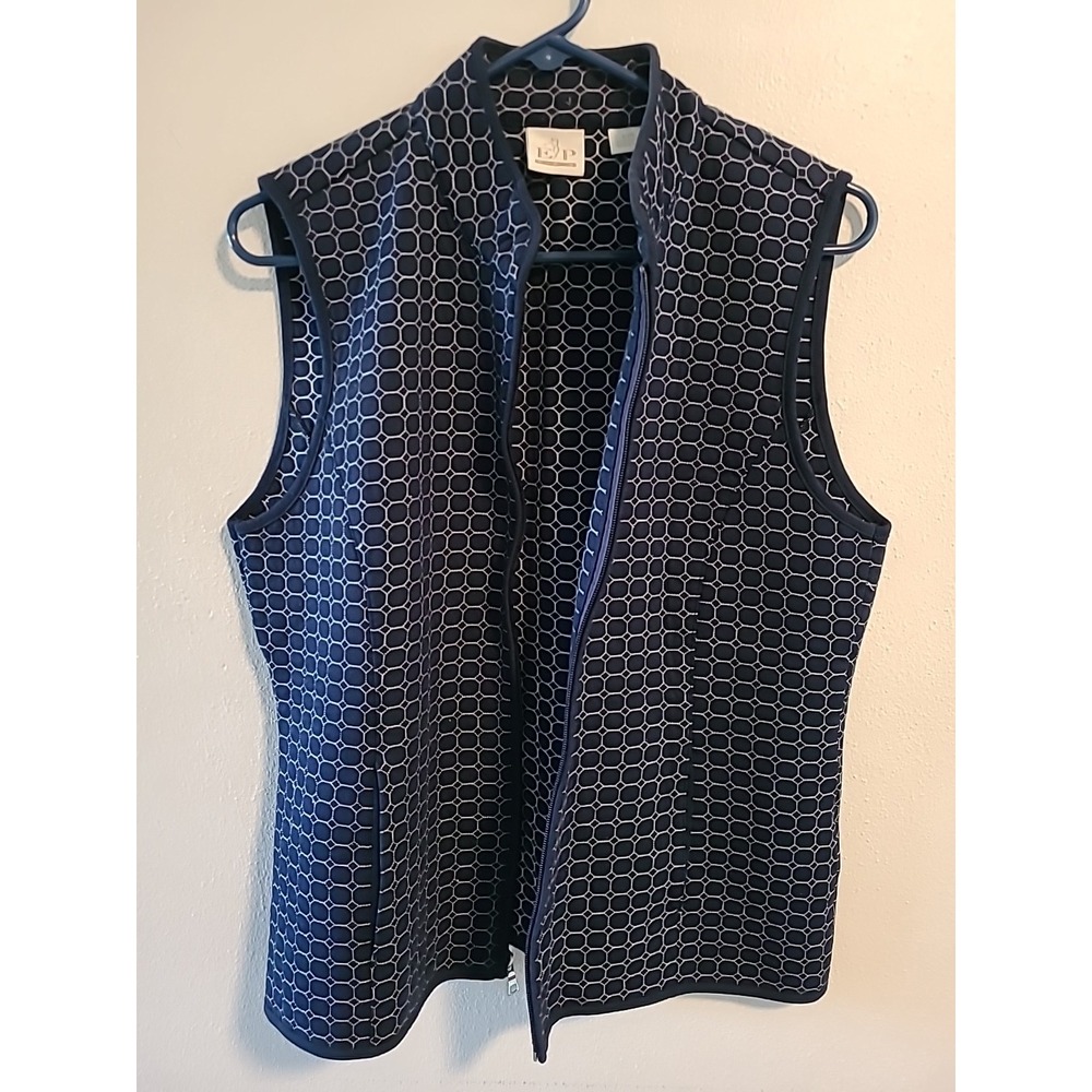 EP Pro L Womens Golf Vest Soft Quilted Navy Silver Zipper 100% Cotton Pockets